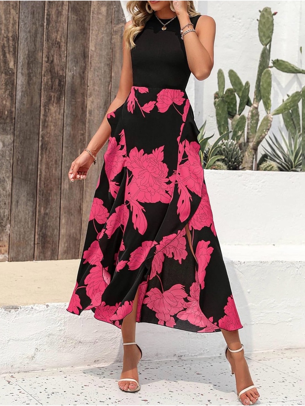 Elegant sleeveless dress with Pink Floral Print NWT